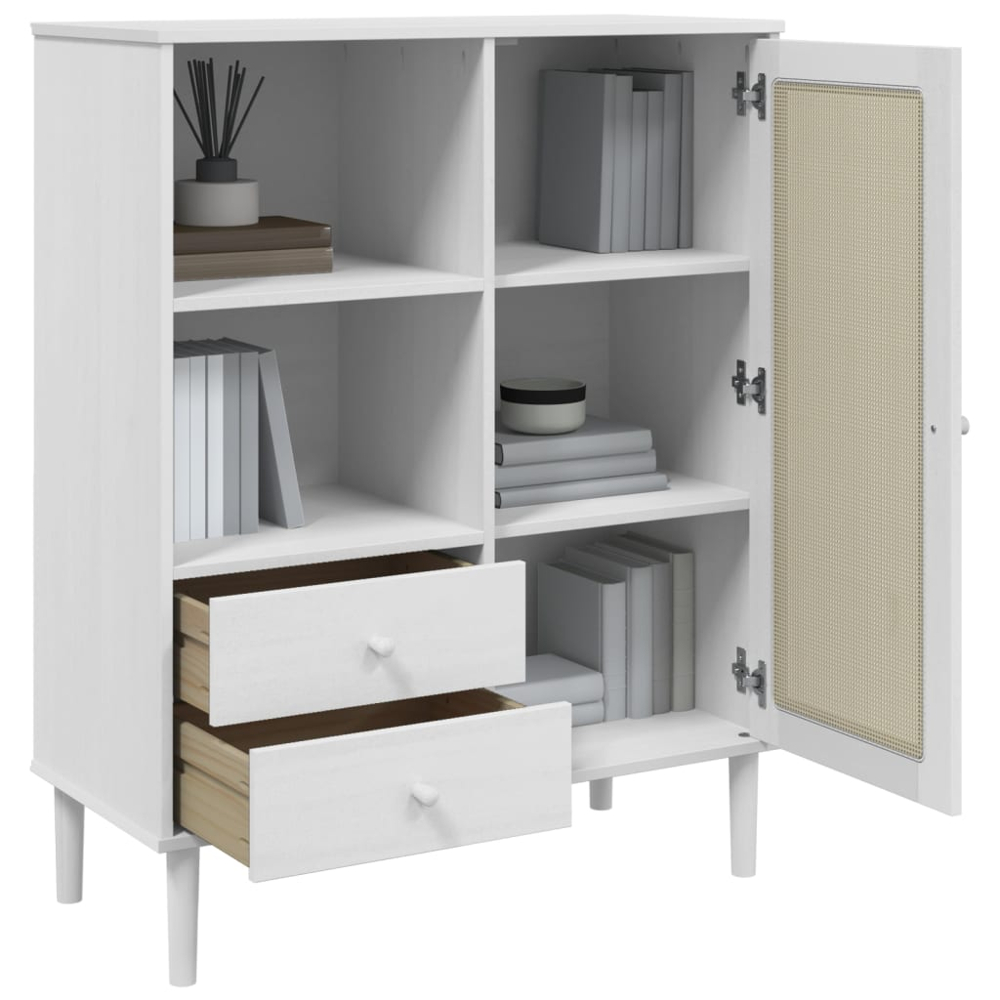 vidaXL Senja Single Door 2 Drawer 2 Shelf White Solid Pine Wood Rattan Look Highboard Image 4