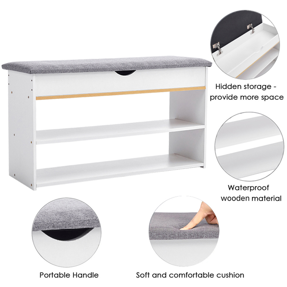 Living and Home 2 Shelf White Shoe Storage Bench with Hidden Compartment Image 6