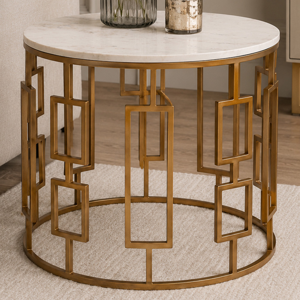 Premier Housewares Shalimar White Marble Top Side Table with Gold Base Image 1