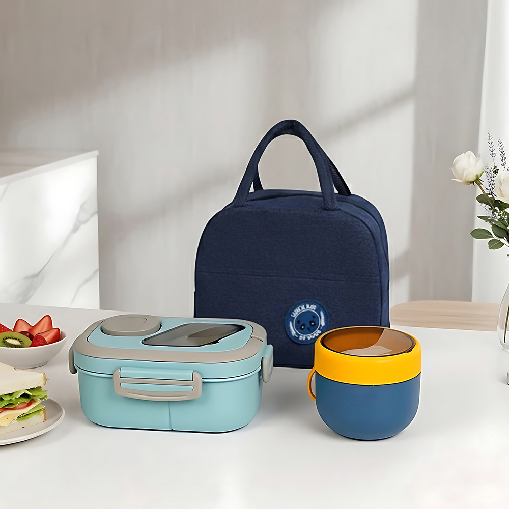 Living and Home Blue Portable Lunch Box Set with Cutlery and Insulated Bag Image 2