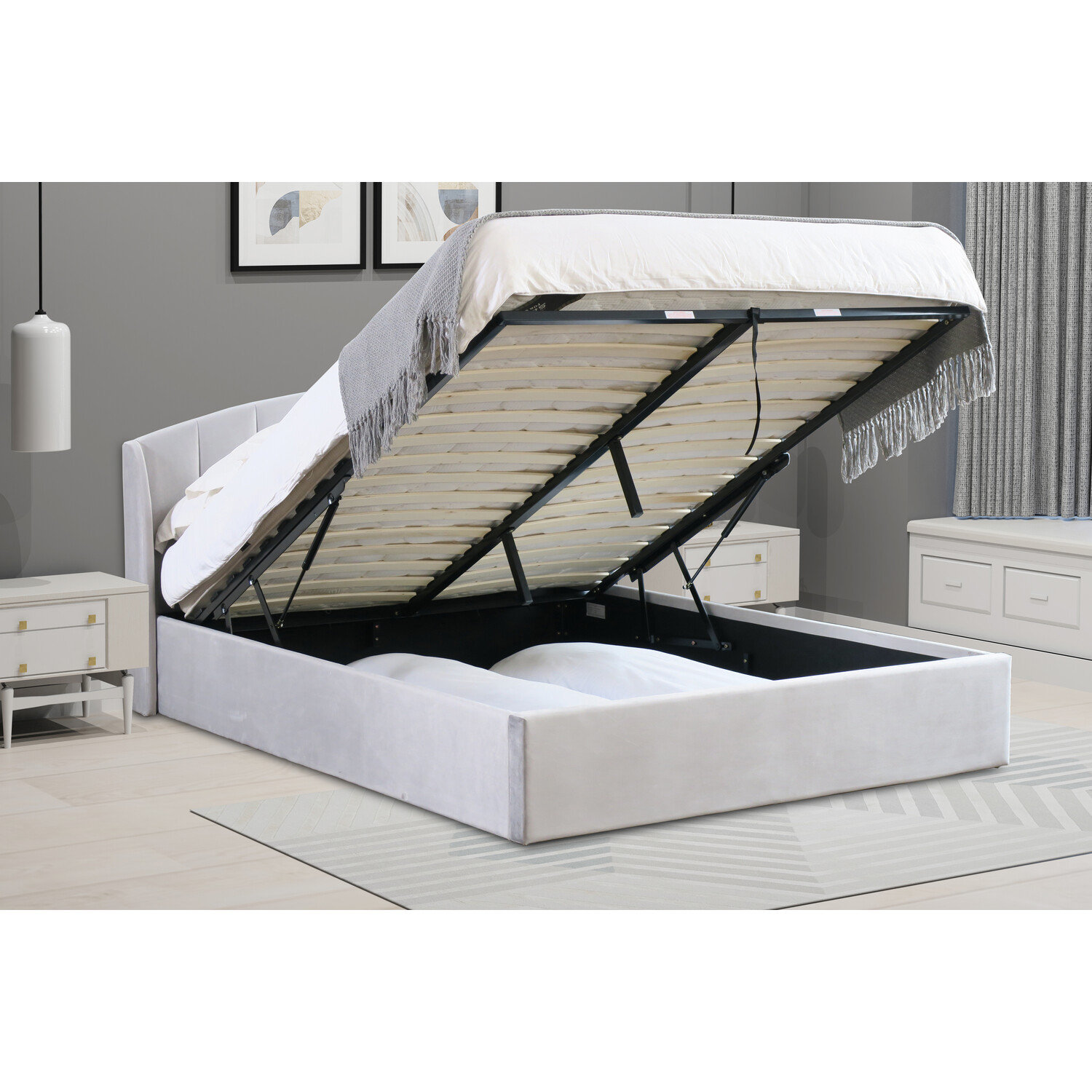 Grace Super King Grey Velvet Touch Ottoman Bed Image 9