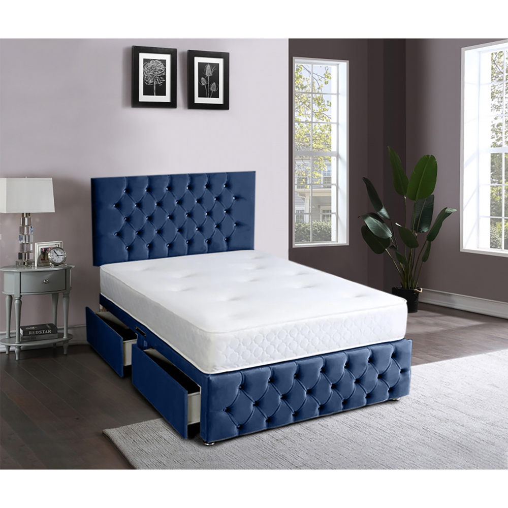 Eleganza Home Serenova Small Double Sapphire Plush Velvet 2 Drawer Divan Bed with Headboard Image 2