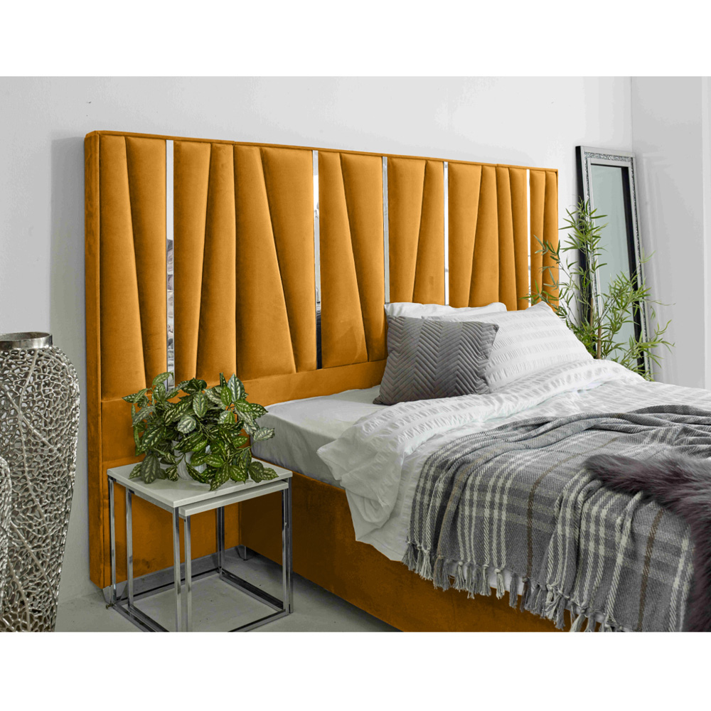 Eleganza Mila Small Double Mustard Plush Velvet Bed Frame with Lined Headboard Image 2