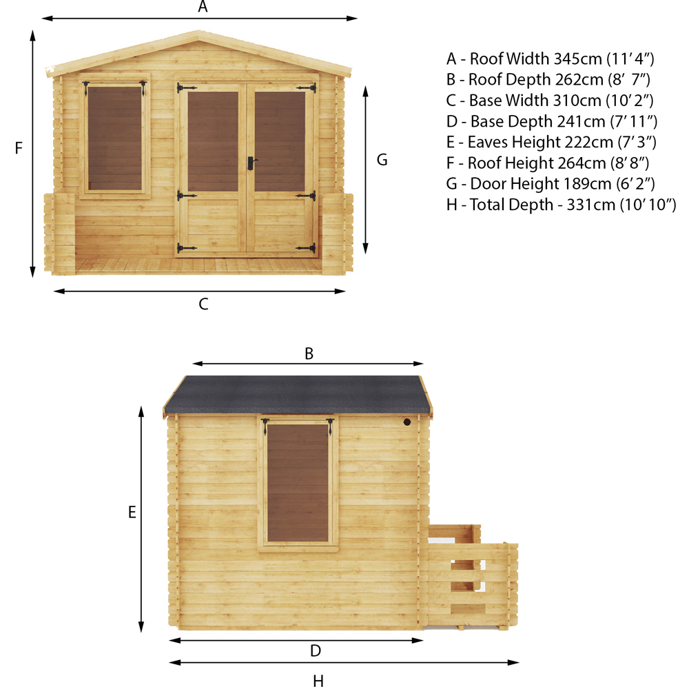 Mercia 10.8 x 11.1ft Double Door Wooden Apex Log Cabin with Veranda Image 8