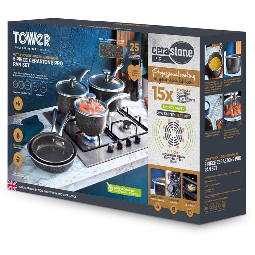 Tower 5 Piece Cerastone Pro Non Stick Pan Set with Glass Lids Image 2