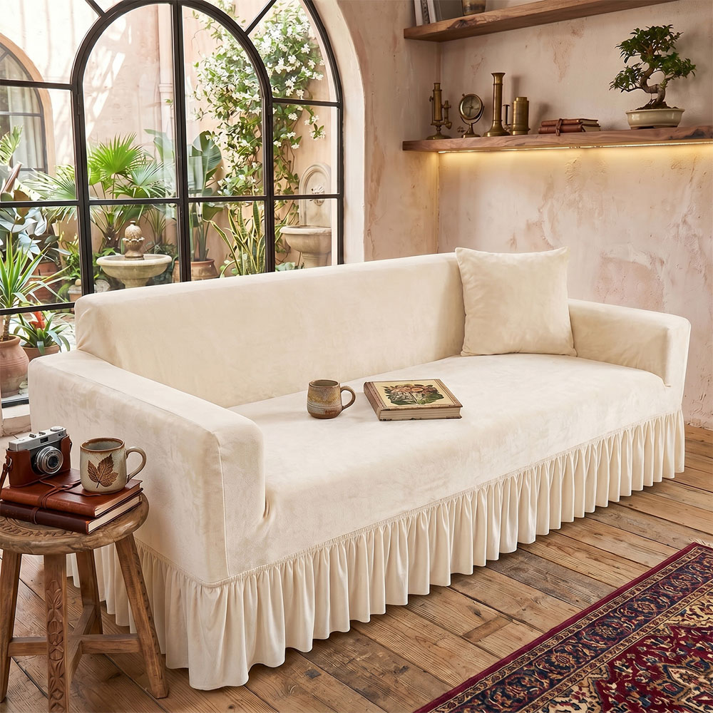 Living and Home 3 Seater Beige Vintage Plush Sofa Cover Image 6