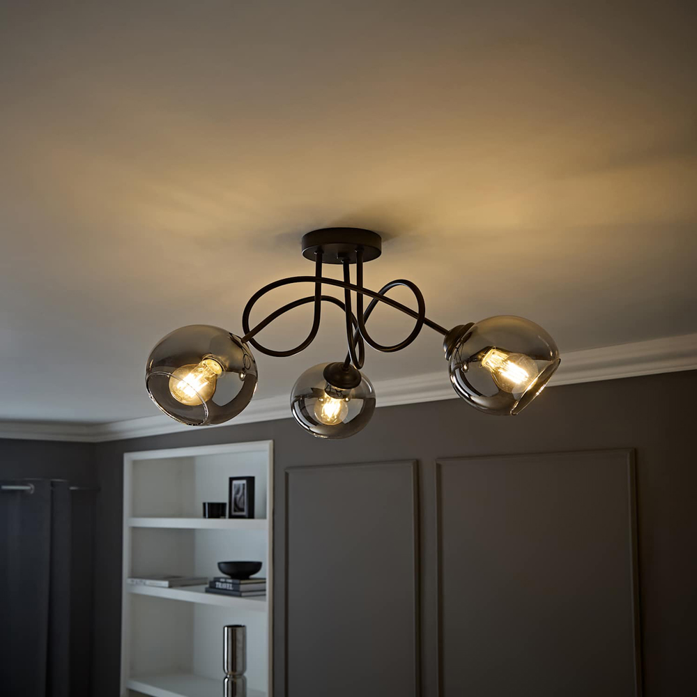ValueLights Malcom 3 Arm Smoked Glass Shade Matt Black Twisted Ceiling Light with Bulb Image 6