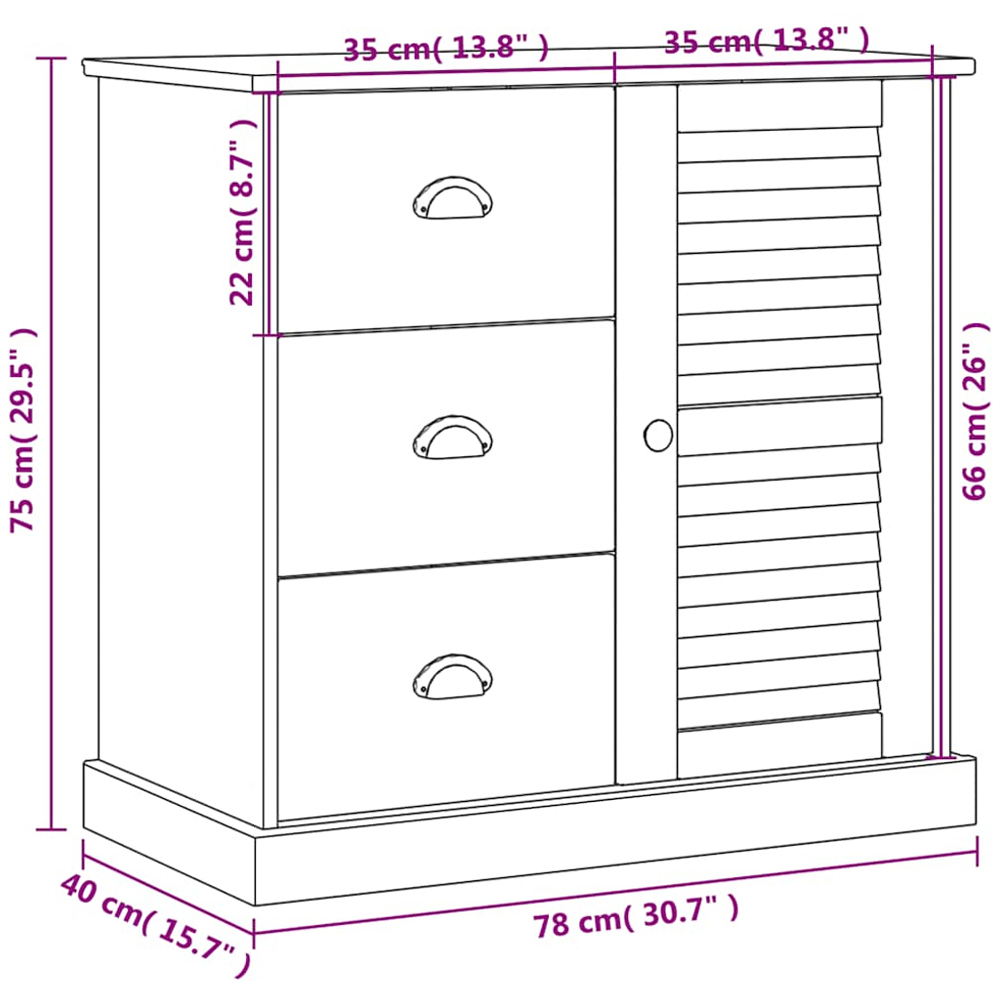 vidaXL Single Door 3 Drawer White Solid Pine Wood Sideboard Image 9