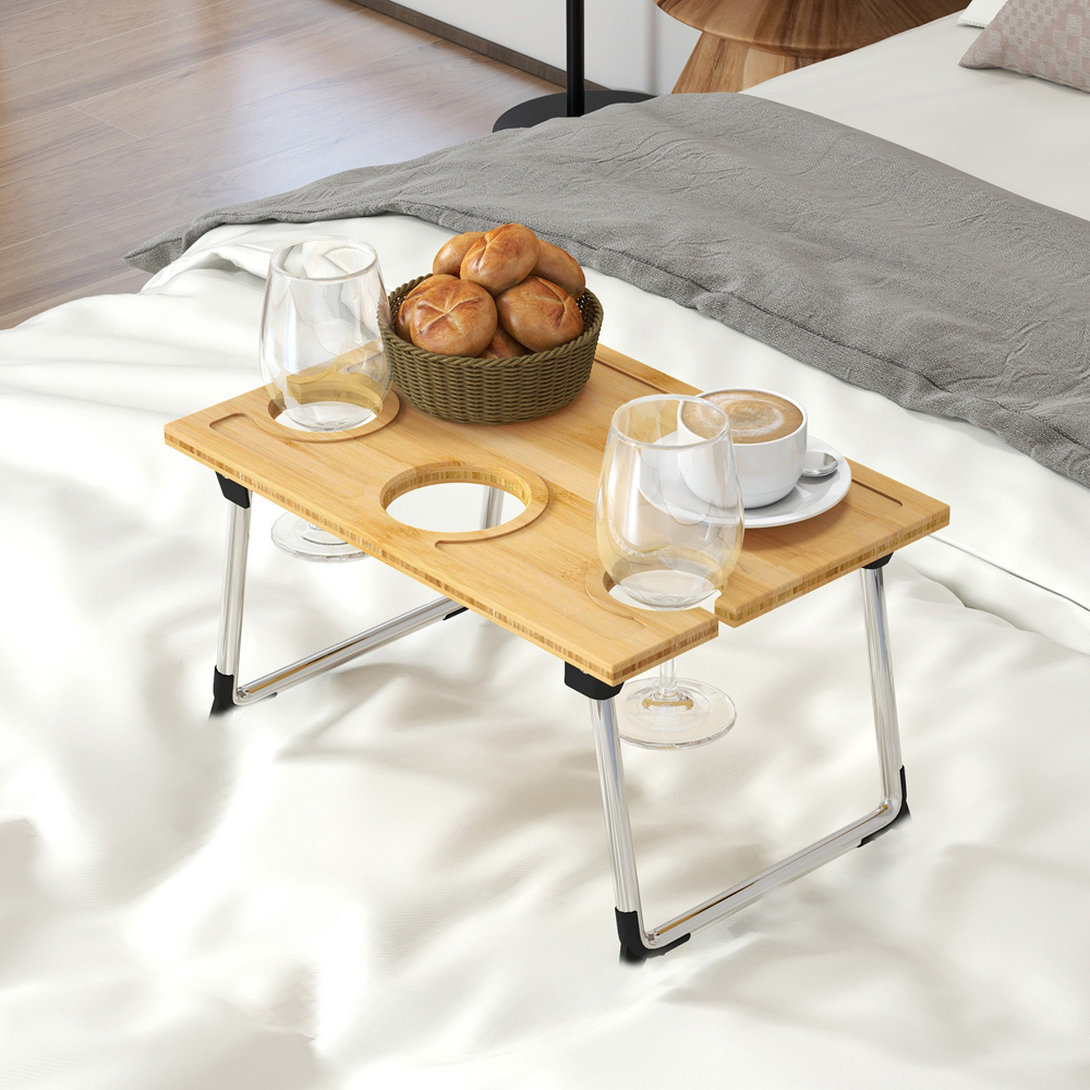 Portland Bamboo Foldable Wine Table with Bottle and Glass Holder Image 2