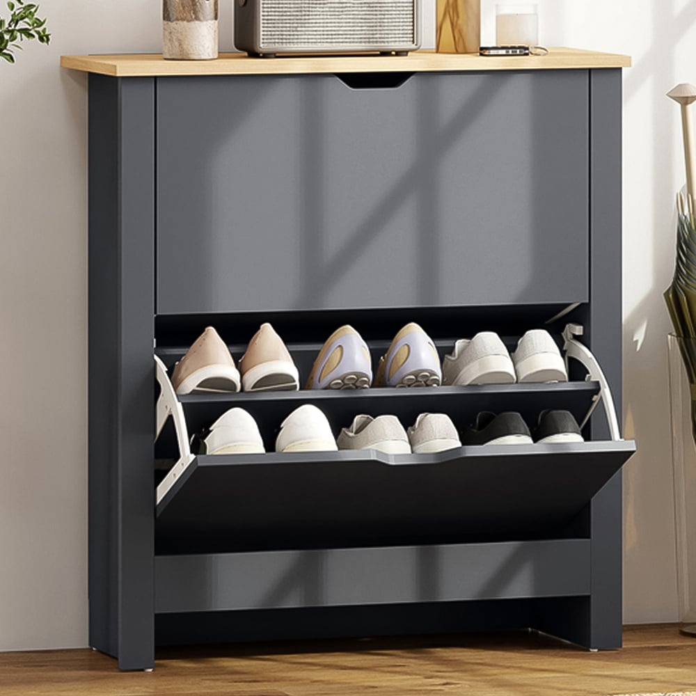 HOMCOM 2 Flip Down Door Charcoal Grey Shoe Cabinet Image 1