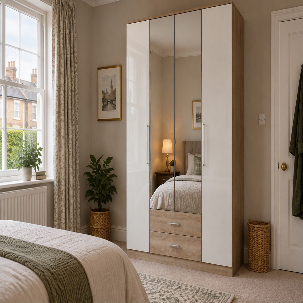 TJ'S Omega 4 Door 2 Drawer Oak and White Mirrored Wardrobe Image 4
