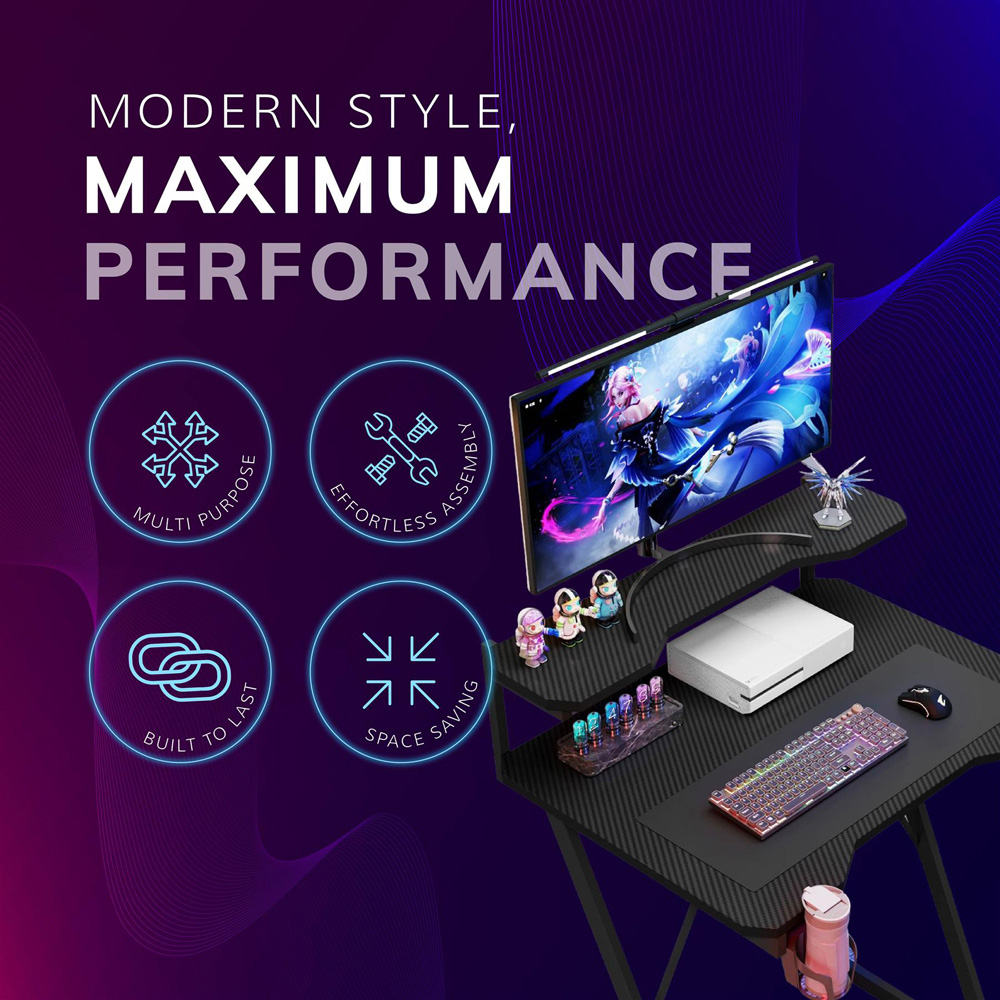 House of Home Carbon Fibre Top Gaming Desk with Monitor Stand Black Image 6