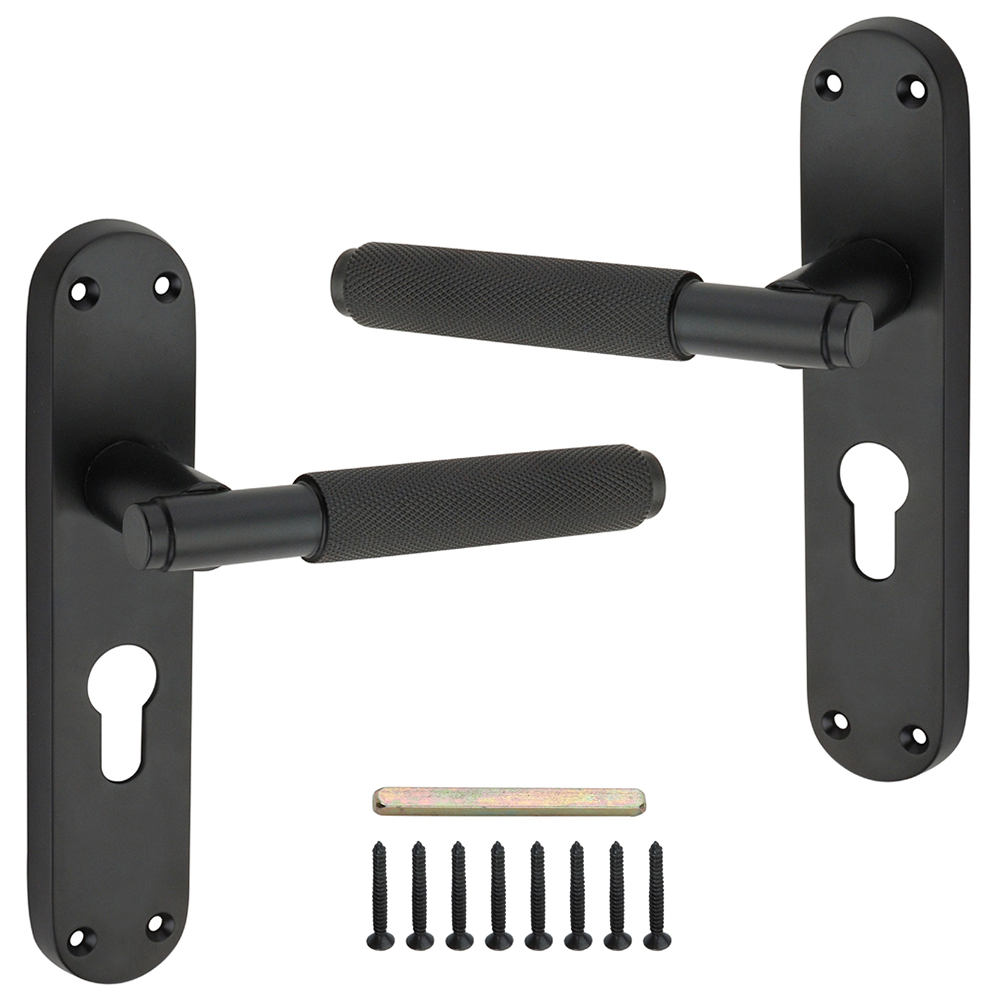 Spira Brass Connaught Matt Black Knurled Lever Door Handle with Euro Backplate 2 Pack Image 4
