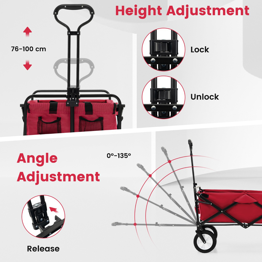 Costway Red Camping Garden Cart with Adjustable Handle Image 6