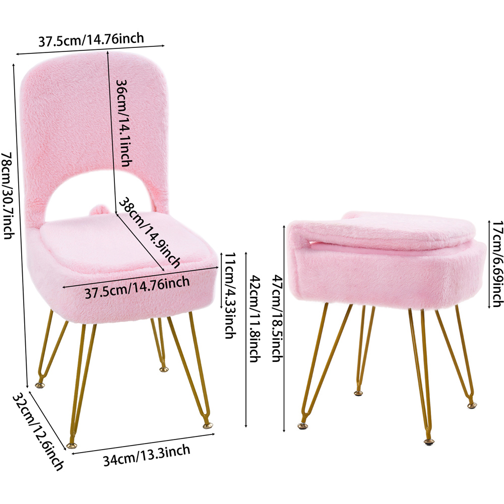 Living and Home Pink Faux Rabbit Fur Foldable Backrest Vanity Chair with Hidden Storage Image 9