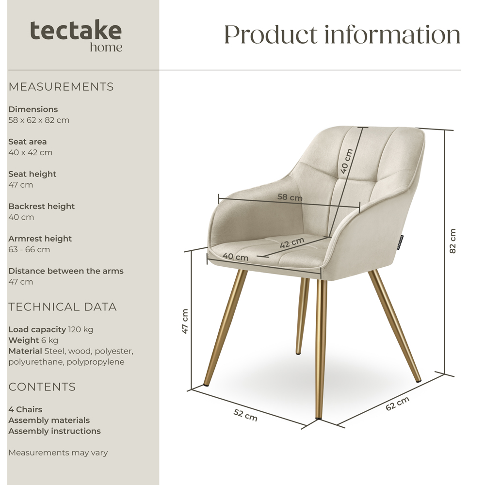 tectake Marilyn Cream and Gold Quilted Velvet Look Chair Set of 4 Image 9