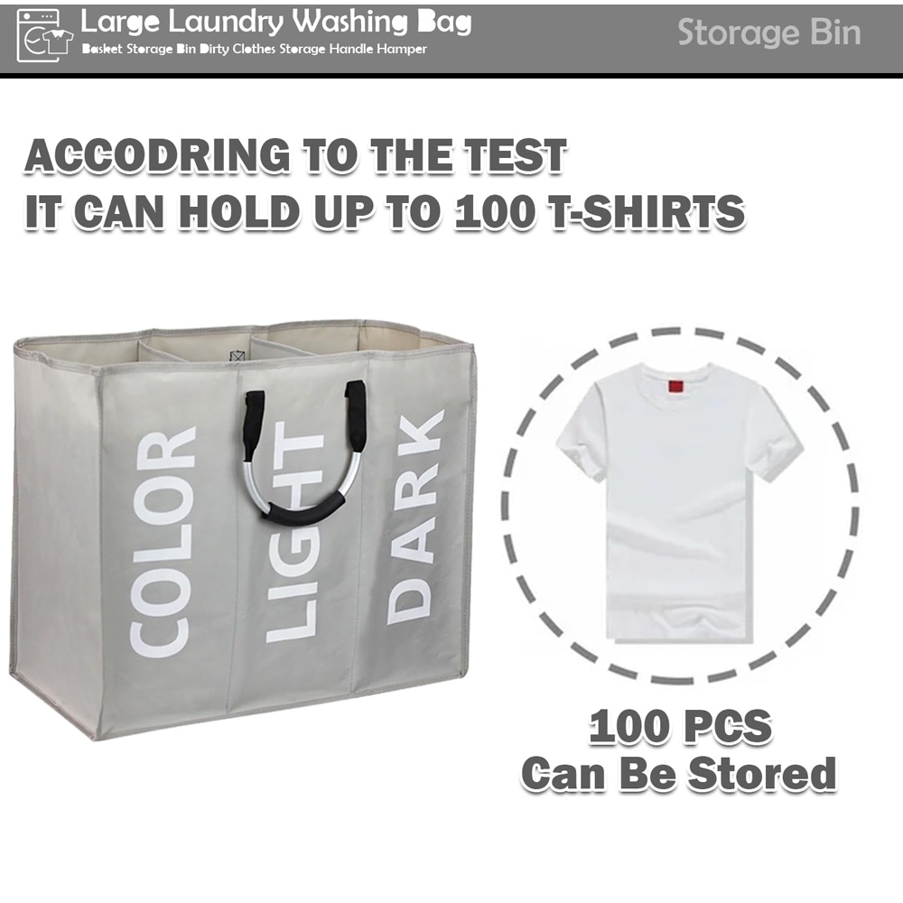 ATEK Triple Compartment Dark Grey Collapsible Laundry Basket Image 5