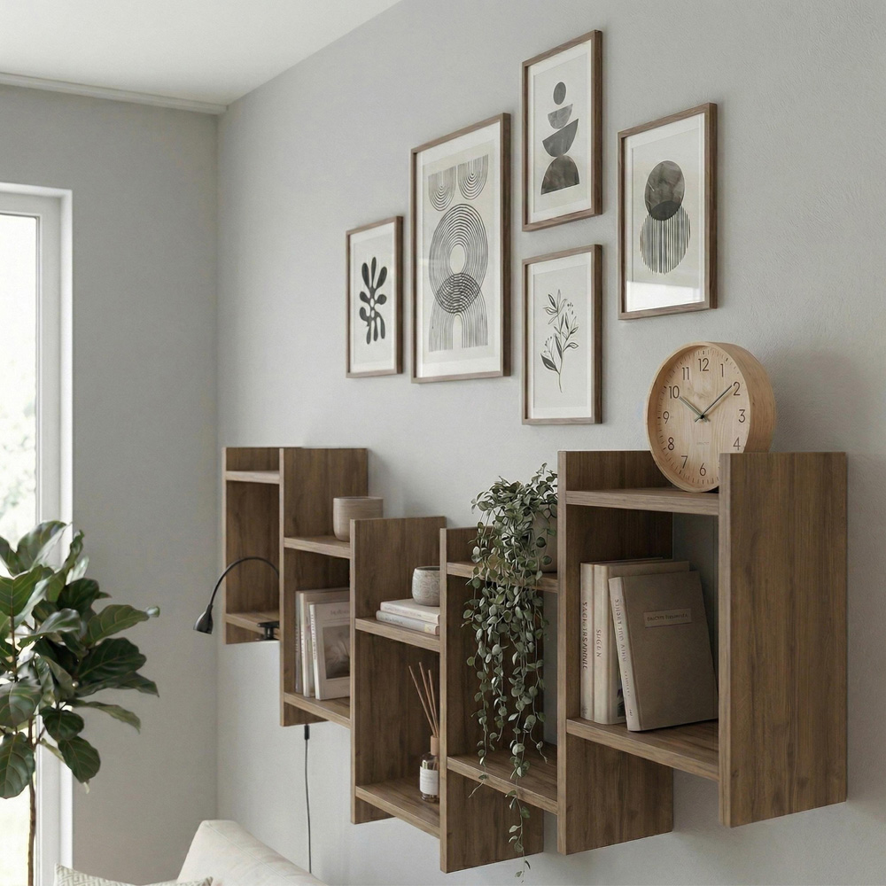 Decortie Bat Wall 5 Cube Dark Oak Effect Floating Shelf Image 4