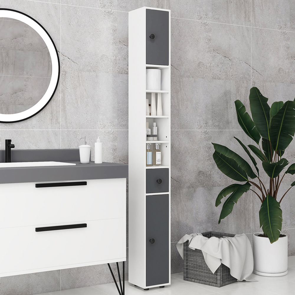 Kleankin Grey 3 Door 4 Shelf Slim Bathroom Cabinet Image 1