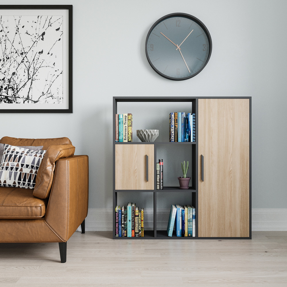 Decorotika Ridge 2 Door 4 Shelf Anthracite and Oak Bookcase Image 3