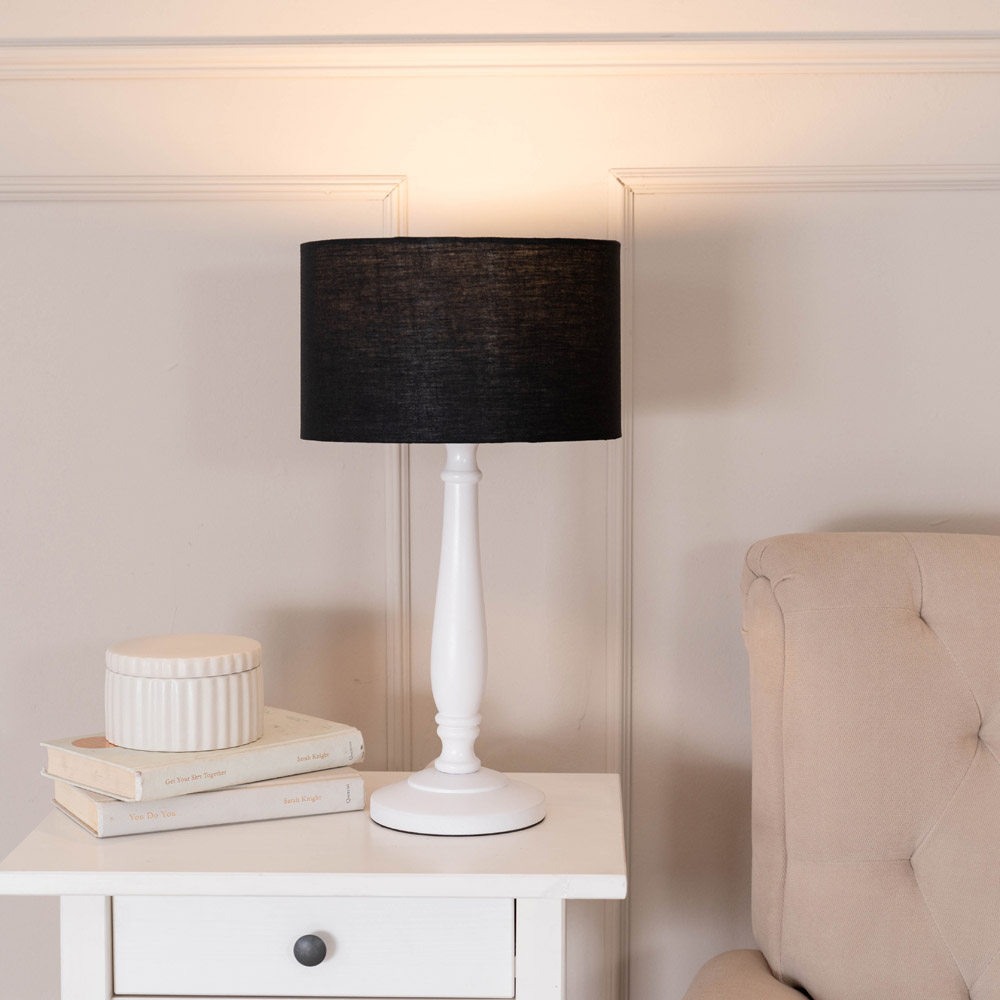ValueLights Victoria Black Fabric Drum Shade White Wood Traditional LED Table Lamp Image 2