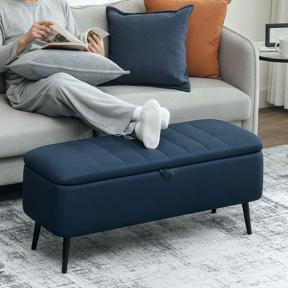 HOMCOM Blue Linen Fabric Storage Ottoman Bench Image 5