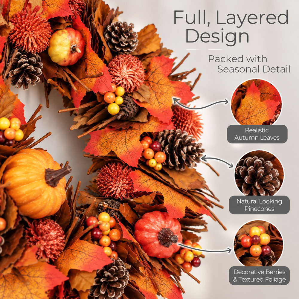 Neo Orange Artificial Autumn Wreath with Maple Leaves and Pumpkins 50cm Image 5