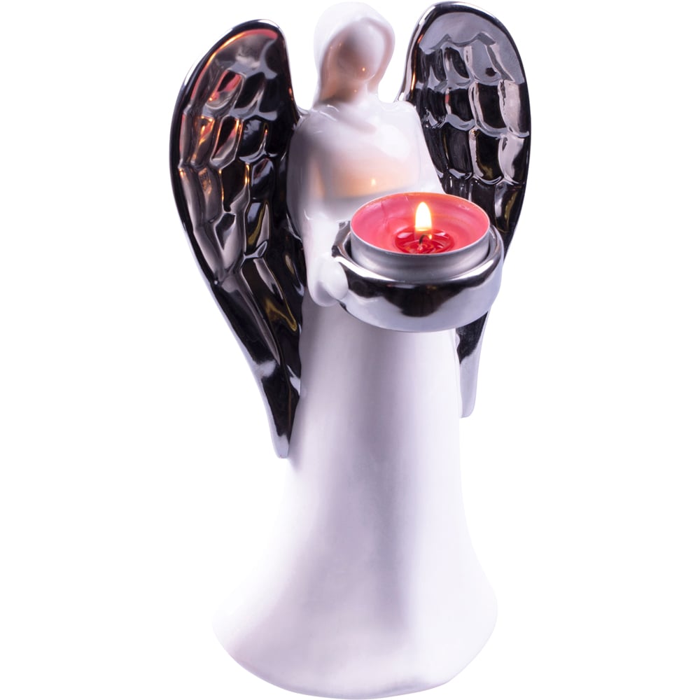 St Helens Silver Wings Standing Ceramic Angel Tealight Holder Image 1