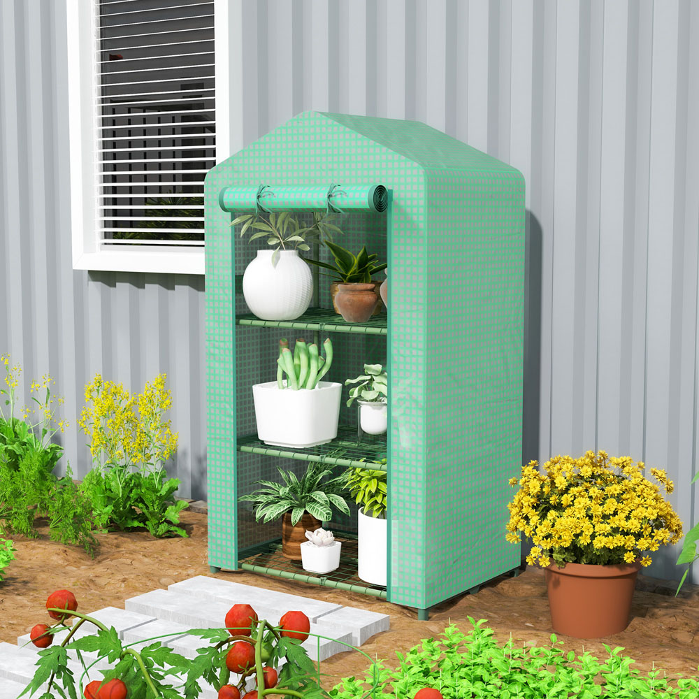 Outsunny 3 Shelf Green Mini Greenhouse with Roll Up Door Image 2