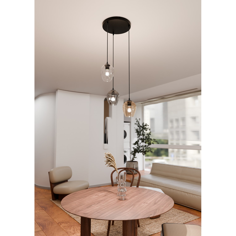 Emibig Istar Prem 3 Light Transparent Graphite and Amber Shade Black E27 Ceiling Pendant Light Image 5