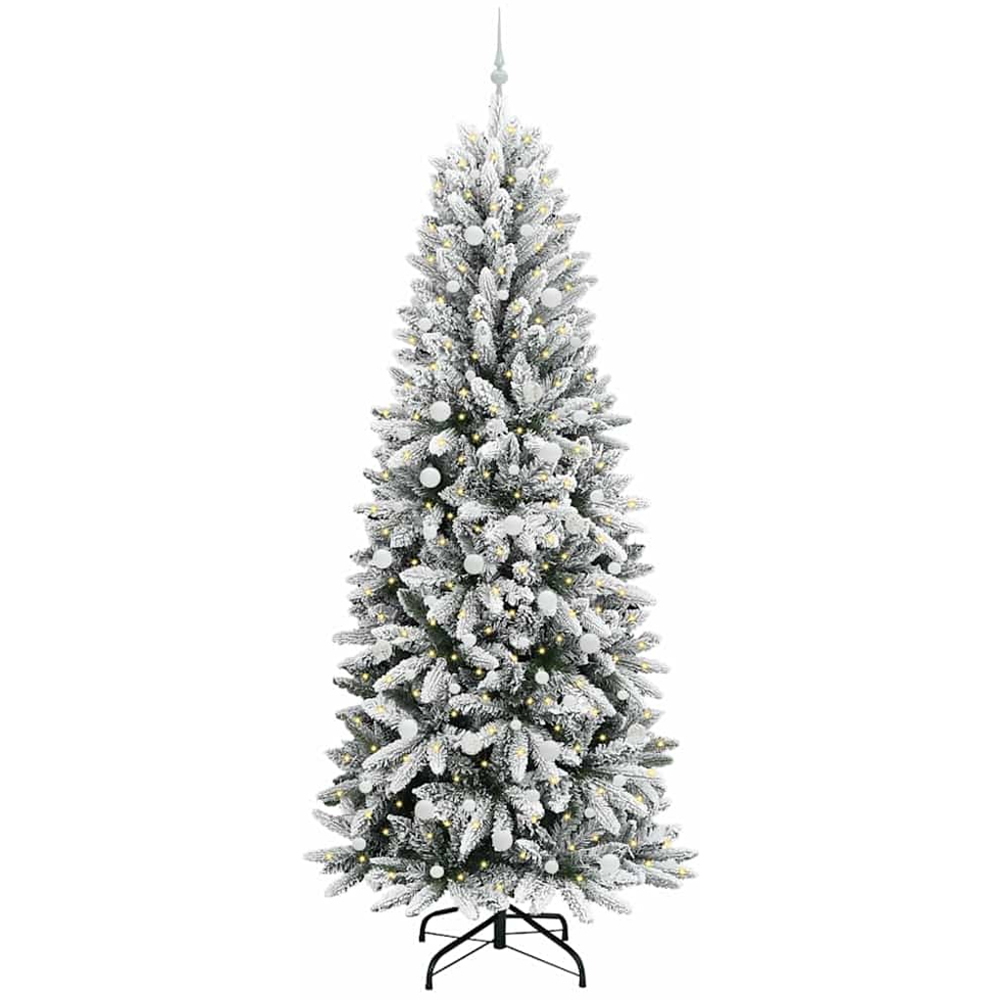 vidaXL Pre-Lit White Baubles Artificial Snow Flocked Christmas Tree 8ft Image 1