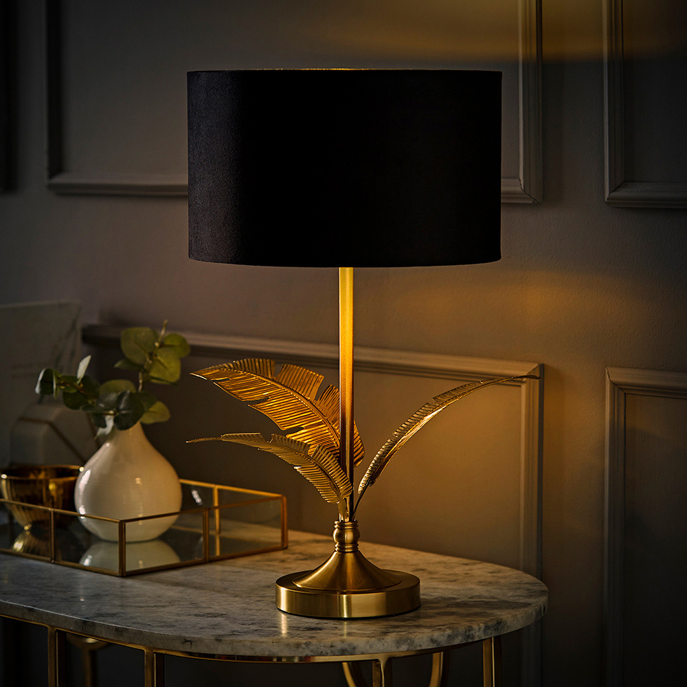 ValueLights Christina Black Velvet and Gold Palm Leaf Table Lamp with Bulb Image 2