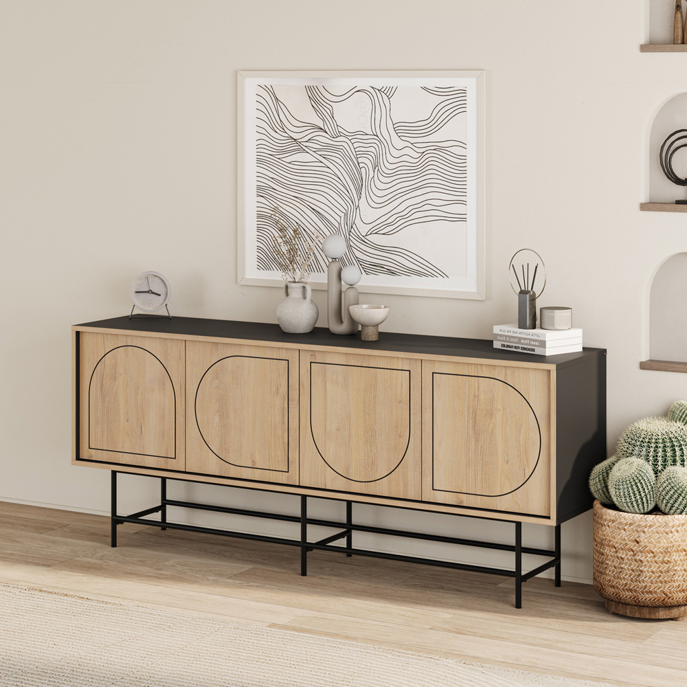 Decortie Joji 4 Door Silky Black and Oak Laser-Cut Design Modern Console Unit Image 5