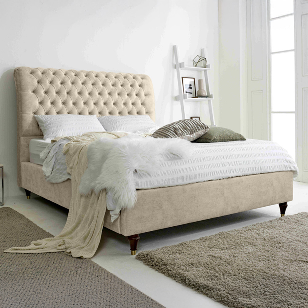 Eleganza Alisyn Small Double Oatmeal Marble Fabric Bed Frame with Sleigh Headboard Image 1