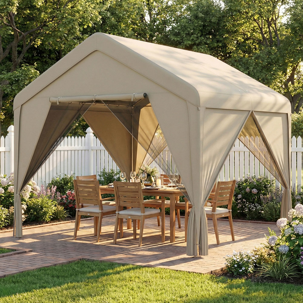 Outsunny 3 x 3m Khaki Garden Gazebo with Mesh Netting and Curtains Image 1