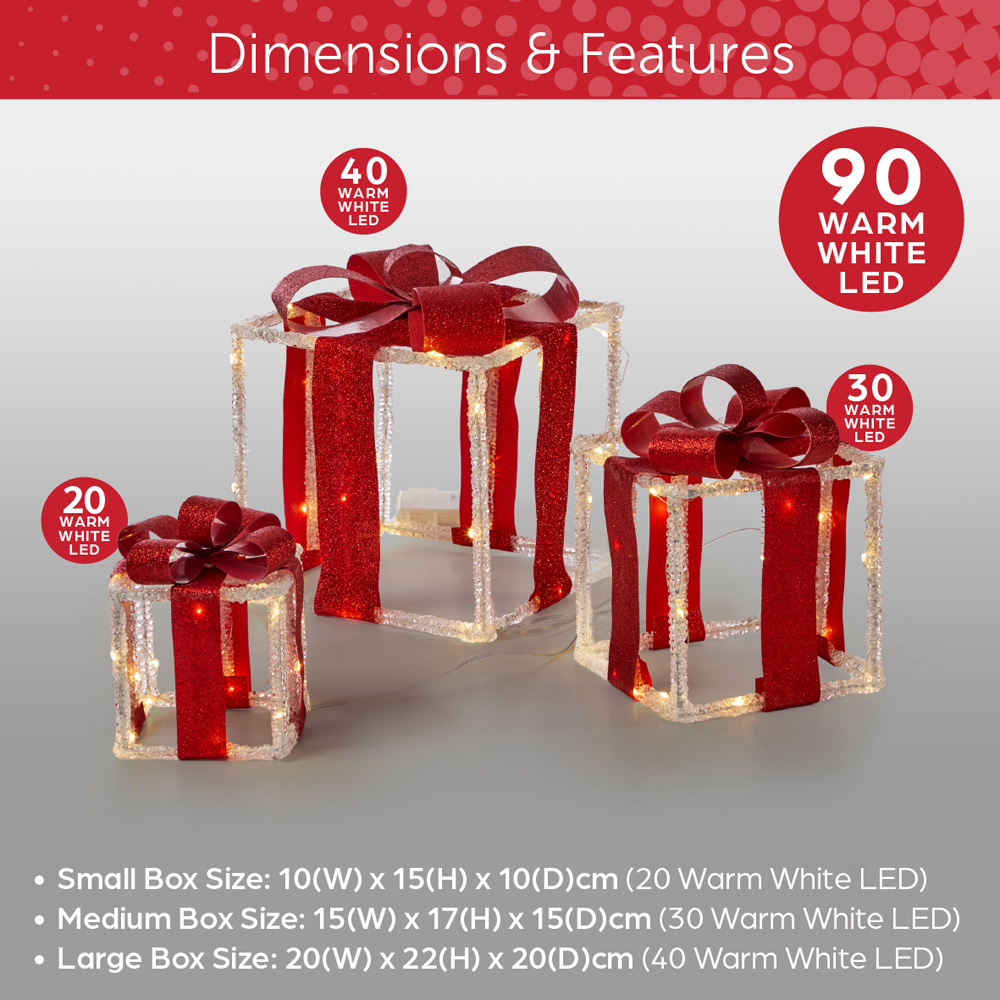 The Christmas Workshop 90 Warm White LED Acrylic Red Gift Box Decoration Set of 3 Image 9
