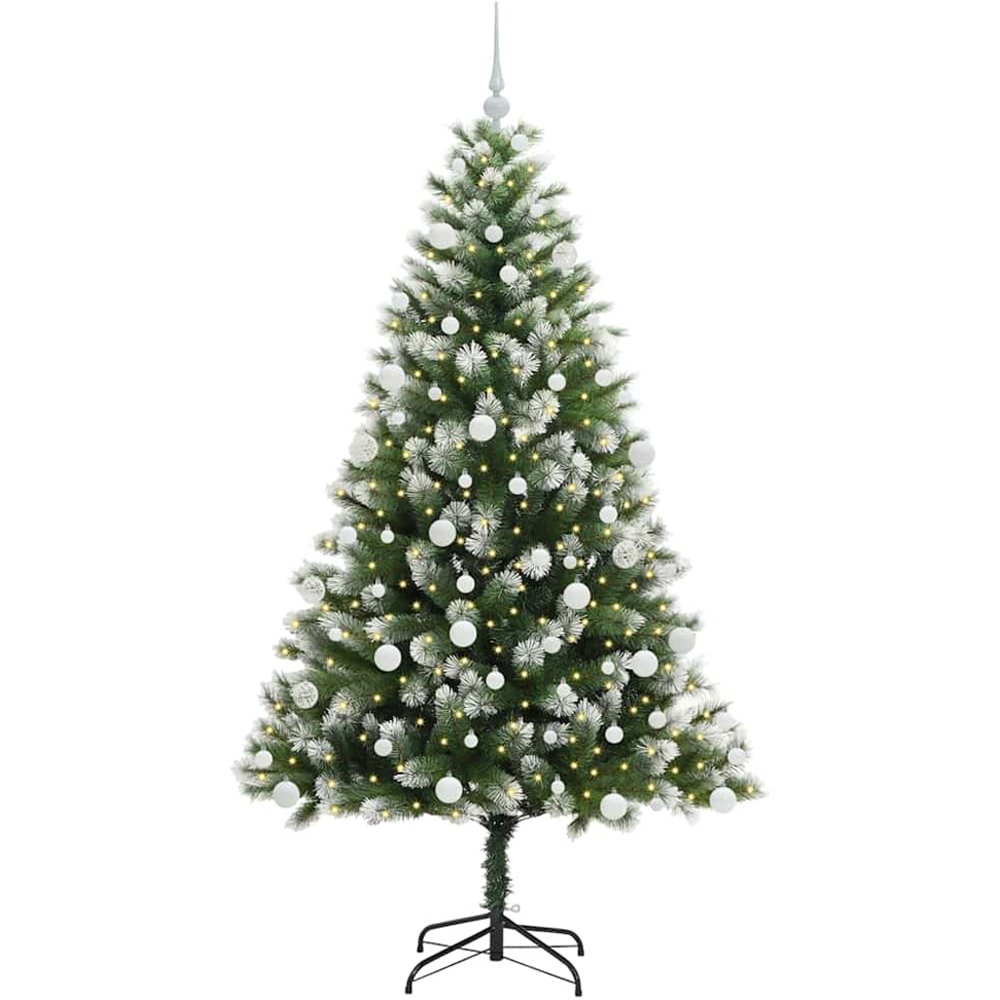 vidaXL Pre-Lit White Baubles Green Artificial Snow Tipped Hinged Christmas Tree 6ft Image 1
