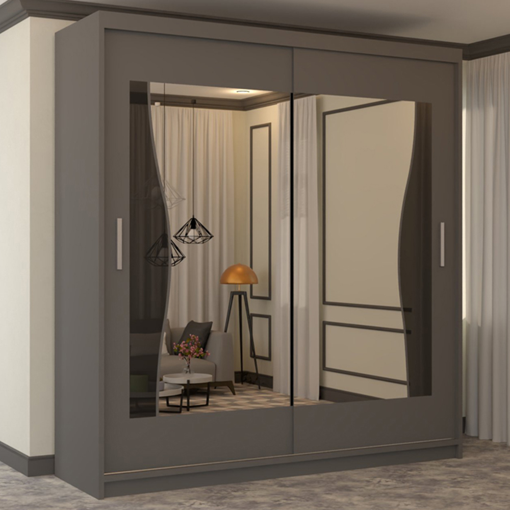 M N Furniture Banton 2 Door Grey Curved Mirrored Sliding Wardrobe 150cm Image 1
