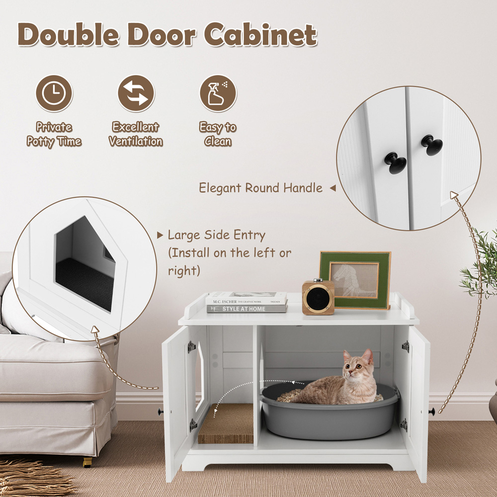 Costway White Cat Litter Box Enclosure with Scratching Pad Image 4