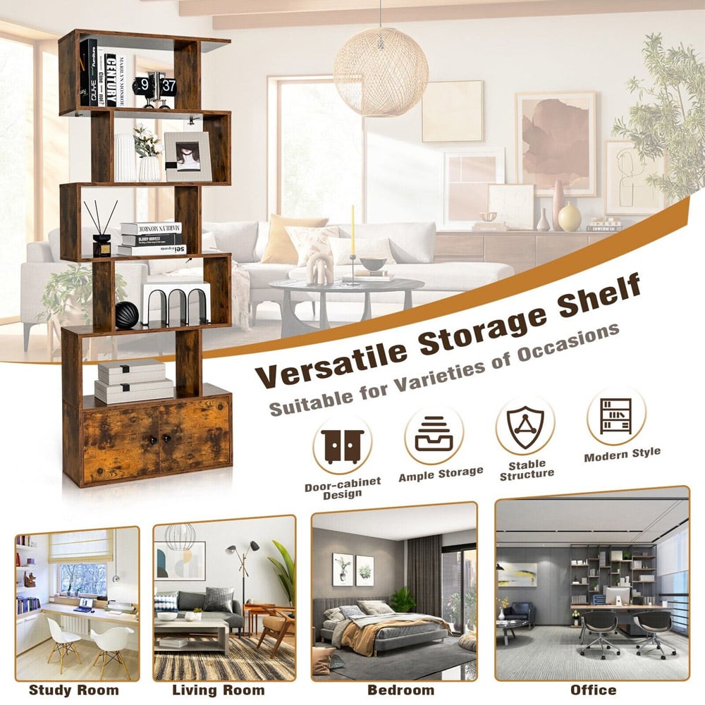 Costway Double Door 5 Shelf Rustic Brown S Shaped Bookcase Image 6