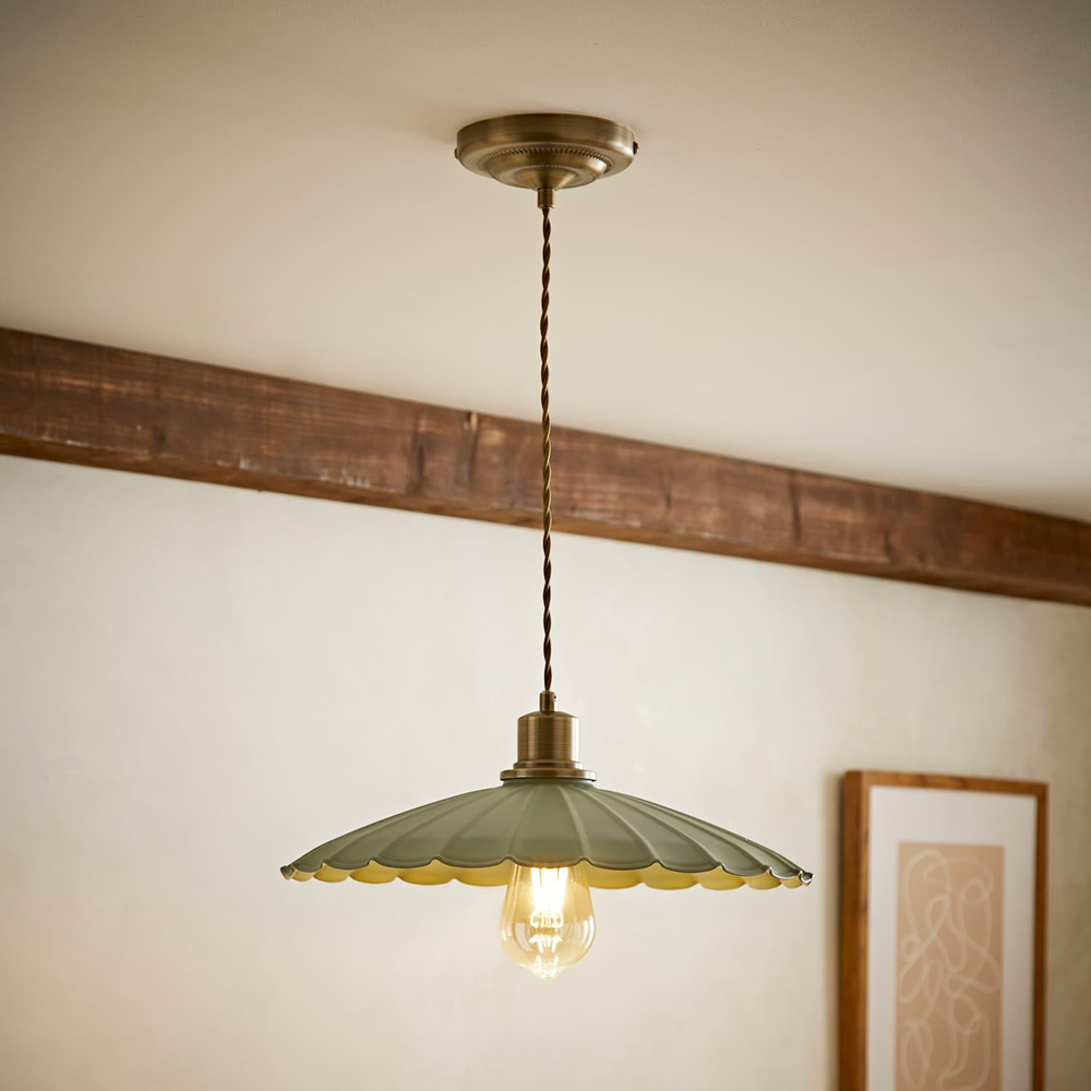 ValueLights Holborn Moss Green Scallop Metal Shade Brushed Gold Pendant Light with Bulb Image 2