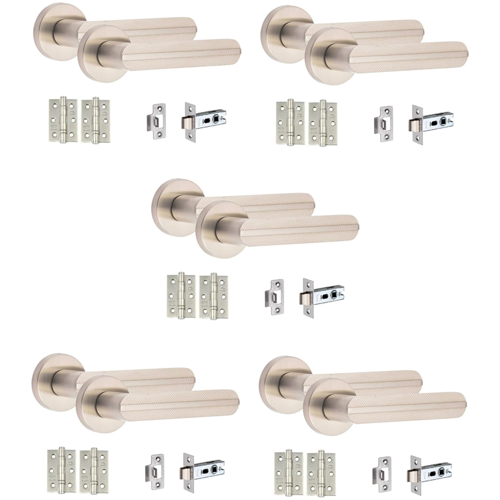 Golden Grace Satin Nickel Modern Lima Knurled Door Handle Set 5 Pack Image 1