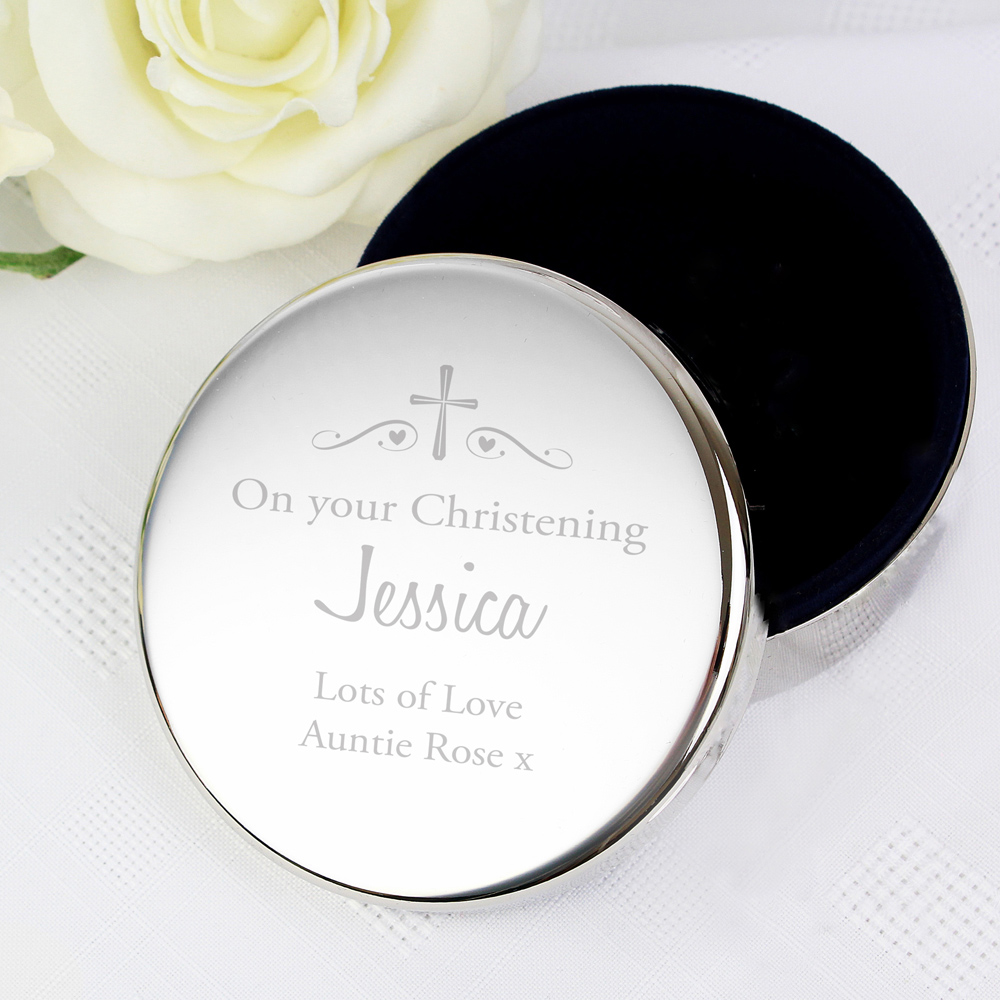 Personalised Memento Personalised Religious Swirls and Hearts Round Trinket Box Image 2