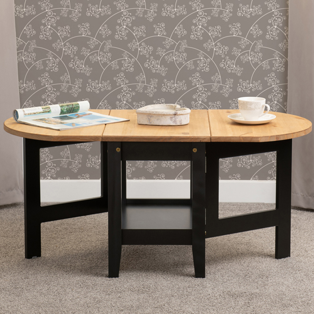 Seconique Santos Single Shelf Drop Leaf Black Distressed Waxed Pine Coffee Table Image 1