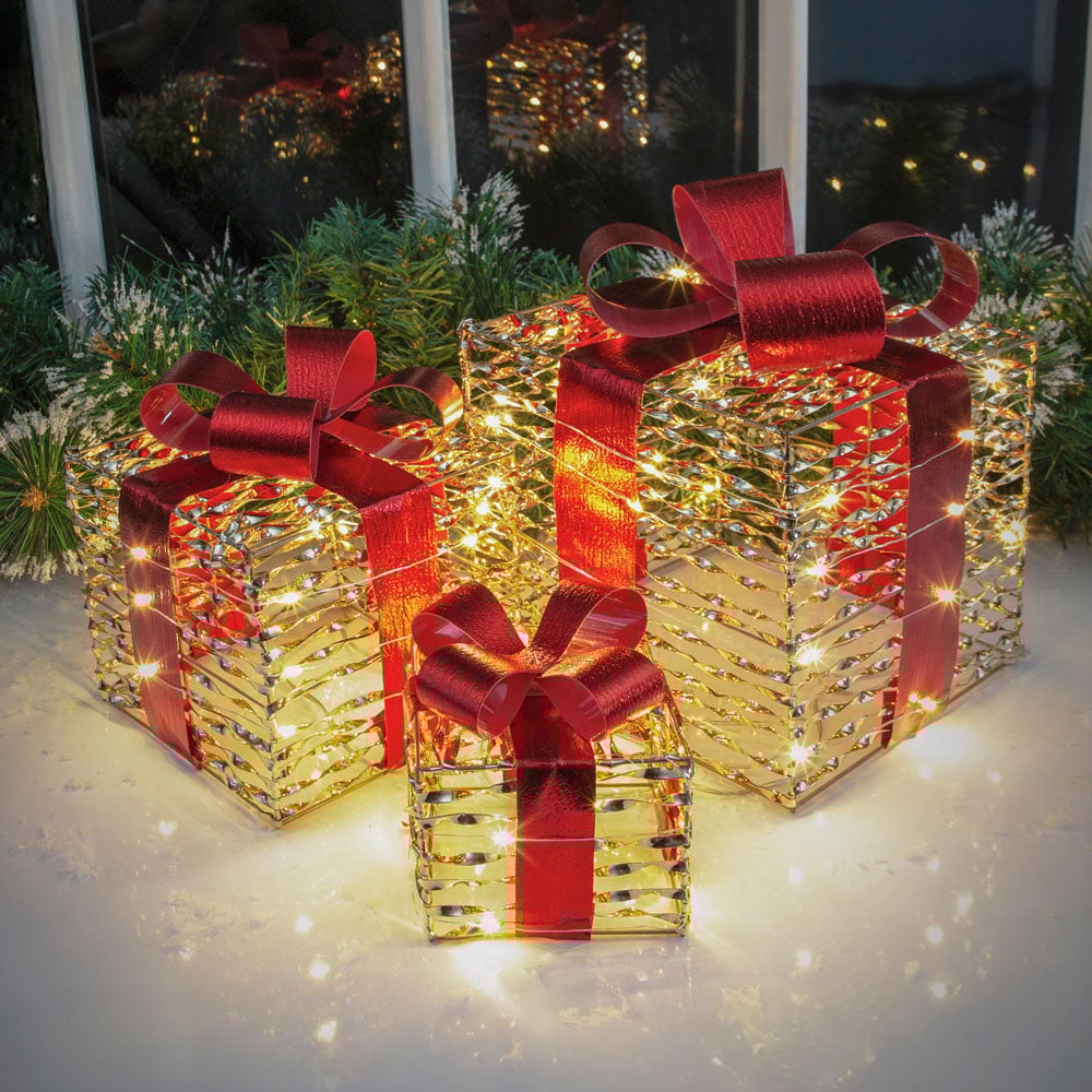 The Christmas Workshop 60 Warm White LED Gold and Red Gift Box Decoration Set of 3 Image 3