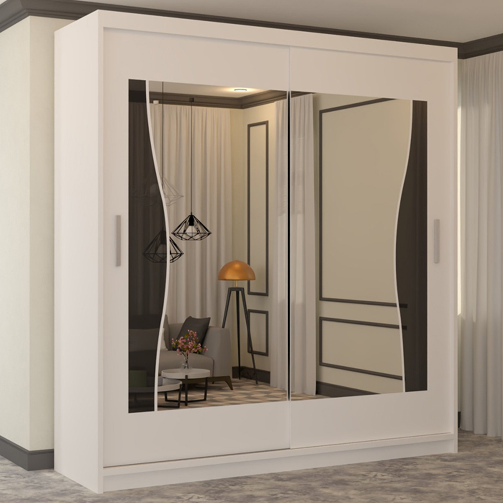M N Furniture Banton 2 Door White Curved Mirrored Sliding Wardrobe 180cm Image 1
