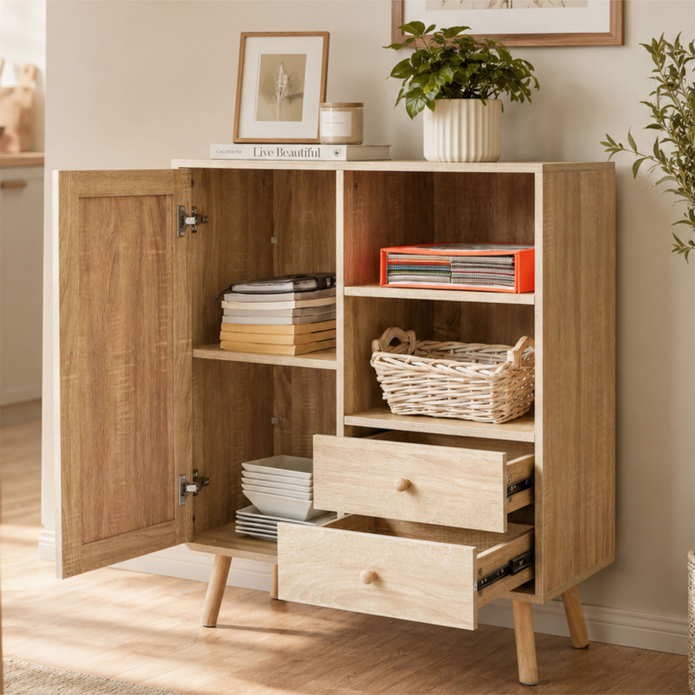 Abrihome Single Door 2 Drawer 2 Shelf Natural Wooden Rattan Side Cabinet Image 4