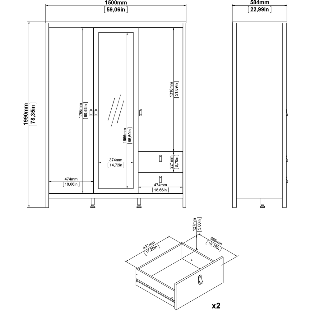 Florence Madrid 3 Door 2 Drawer White Wardrobe with Mirror Door Image 7