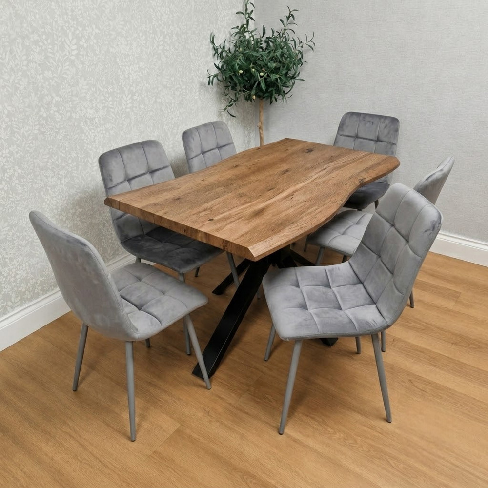 Kosy Koala 6 Seater Wooden Effect Velvet Dining Set Grey Image 1