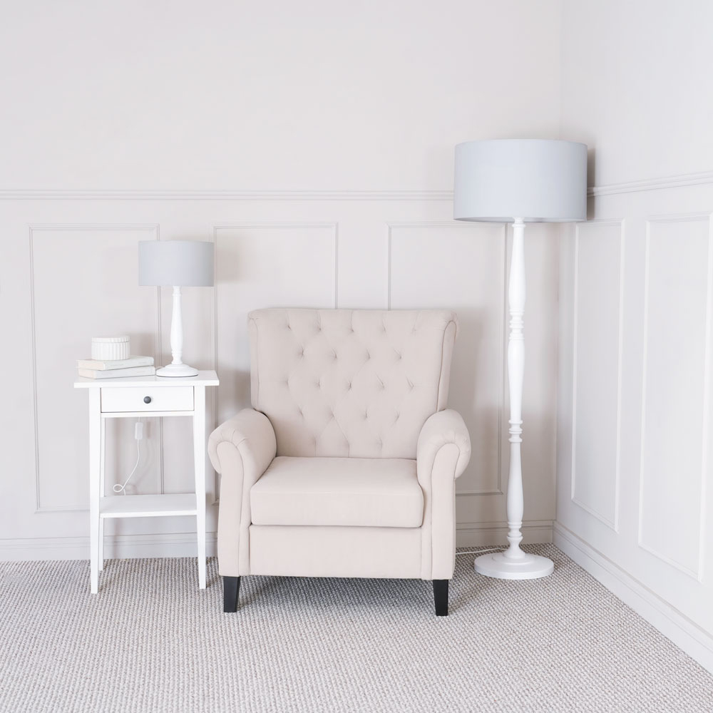 ValueLights Victoria Grey Fabric Drum Shade White Wood Traditional Stem LED Floor Lamp Image 5